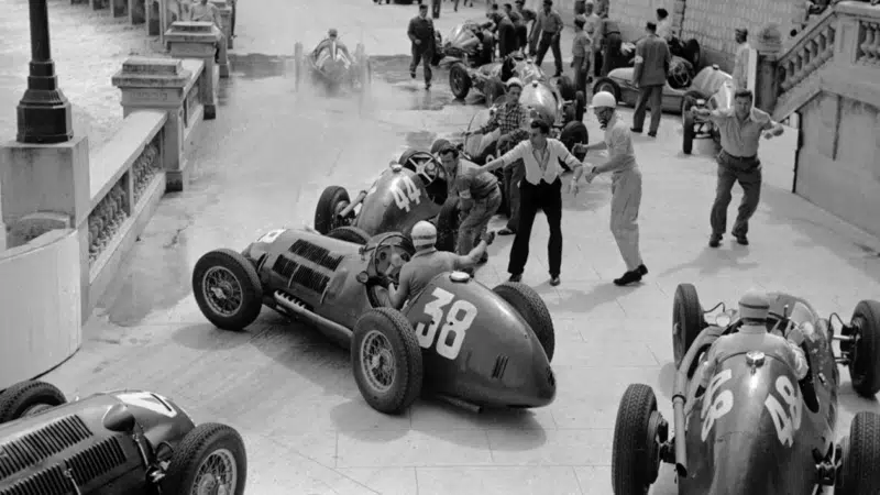 A huge wave hit the circuit at Tabac corner on the opening lap of the 1950 Monaco Grand Prix