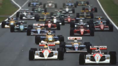 McLaren-Honda drivers Ayrton Senna and Gerhard Berger lead the field at the start of the 1991 Spanish Grand Prix
