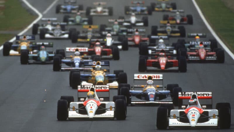 McLaren-Honda drivers Ayrton Senna and Gerhard Berger lead the field at the start of the 1991 Spanish Grand Prix