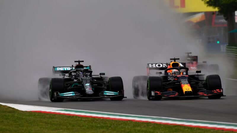 Lewis Hamilton (Mercedes) and Max Verstappen (Red Bull-Honda) at the start of the 2021 Emilia Romagna Grand Prix in Imola