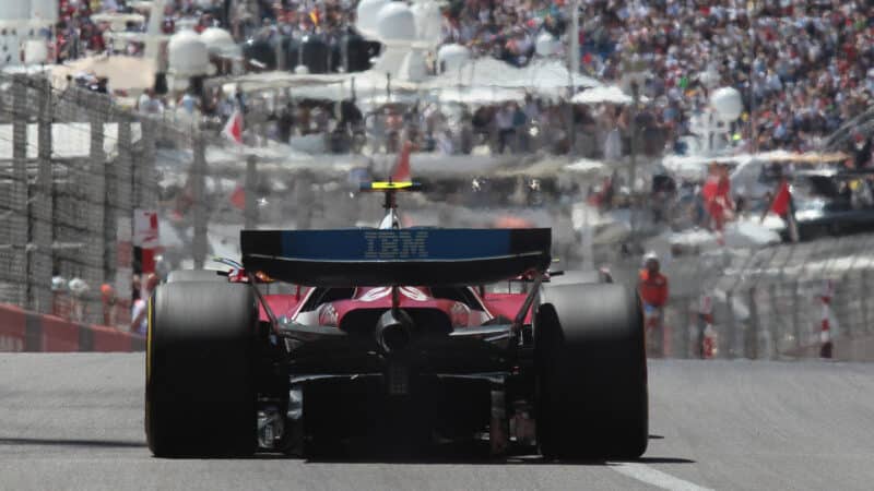 Lewis Hamilton (Ferrari) seen from behind in practice for the 2025 Monaco Grand Prix