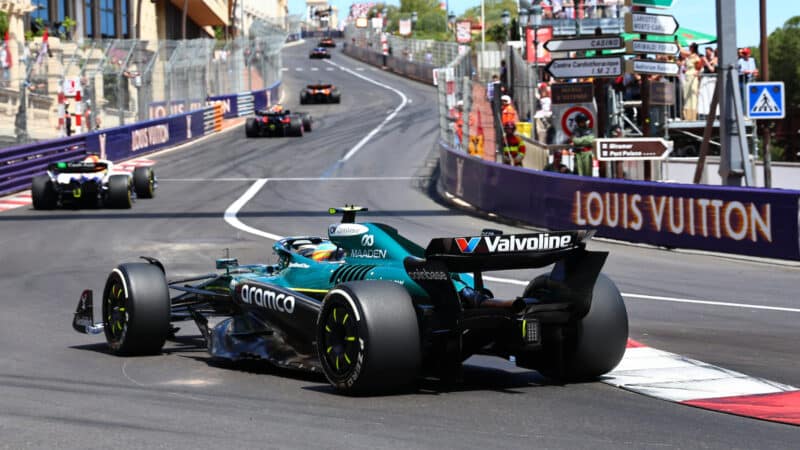 Fernando Alonso (Aston Martin-Mercedes) and others seen from behind during the 2025 Monaco Grand Prix