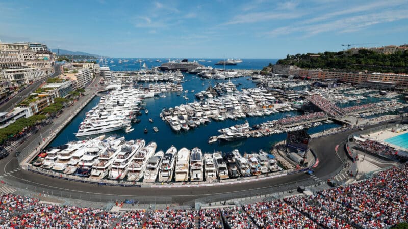 Scenic view from above with grand stands and harbour during the 2025 Monaco Grand Prix in Monte Carlo