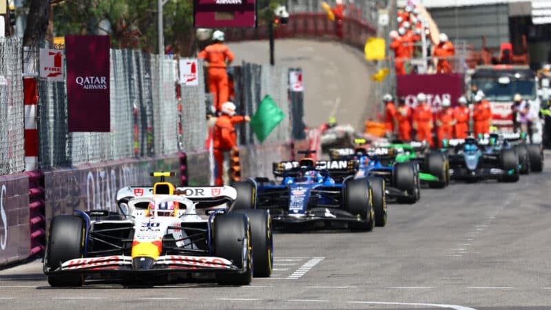 Liam Lawson (Racing Bulls-Honda) leads Williams-Mercedes teammates Alexander Albon and Carlos Sainz Jr and others during the 2025 Monaco Grand Prix