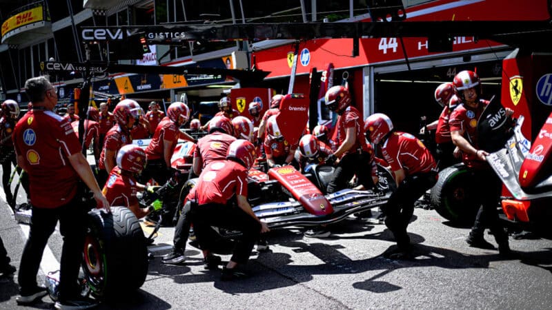 Ferrari practices a pitstop in the pitlane during the  Monaco Grand Prix