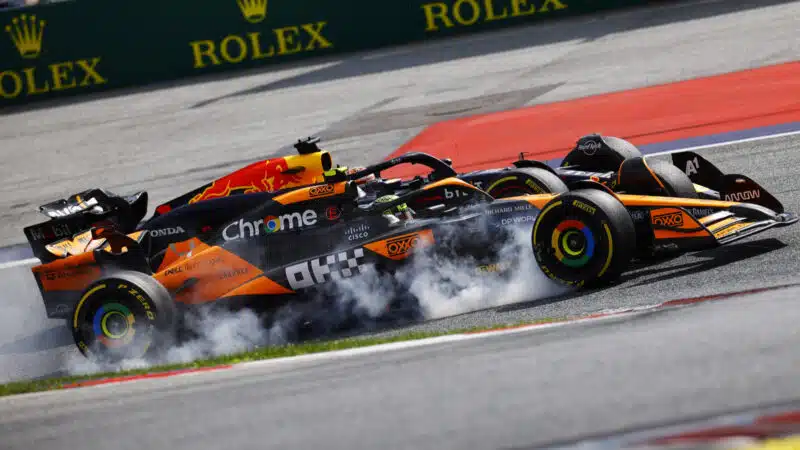 Lando Norris and Max Verstappen fight it out during the 2024 Austrian GP