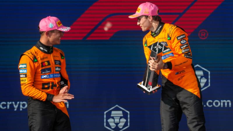 Oscar Piastri, Lando Norris on the podium during the Formula 1 Miami Grand Prix 2025