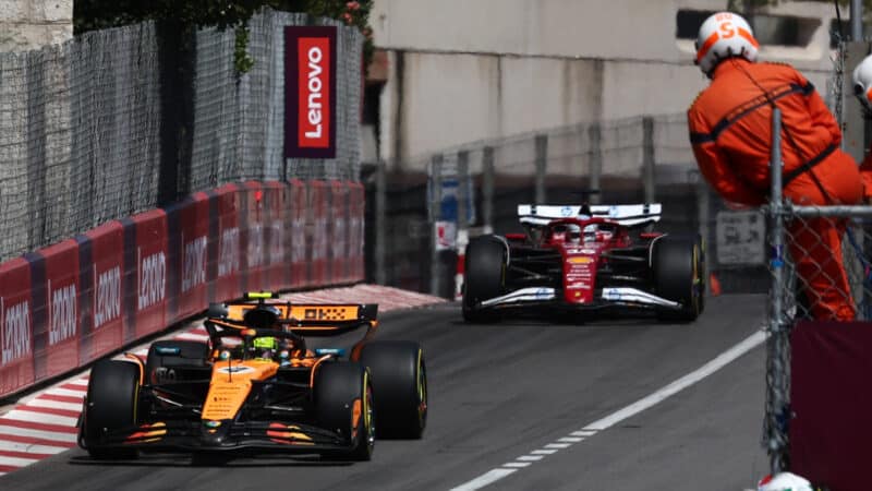 Lando Norris of McLaren and Charles Leclerc of Ferrari during the Formula 1 Monaco Grand Prix
