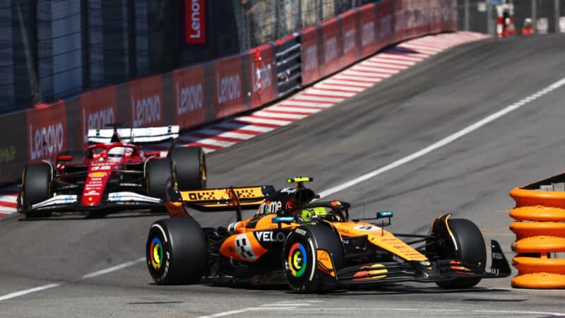 Lando Norris leads Charles Leclerc at the Monaco GP