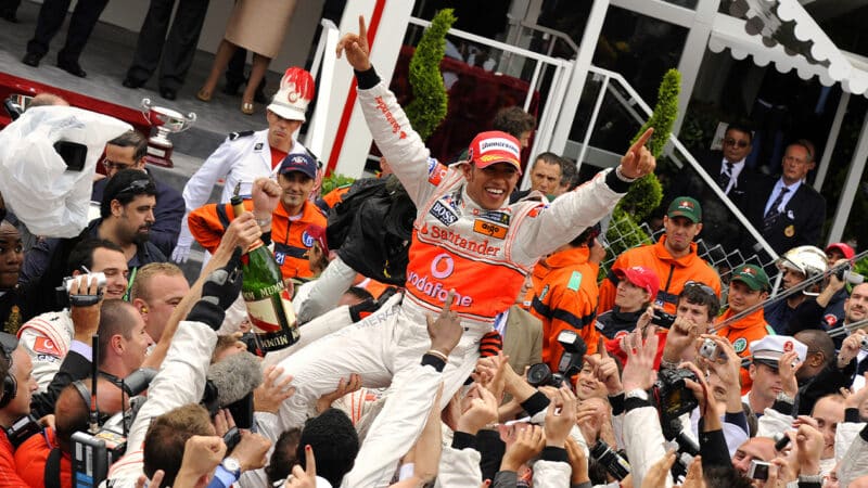 Lewis Hamilton celebrates victory in 2008 F1 Monaco Grand Prix