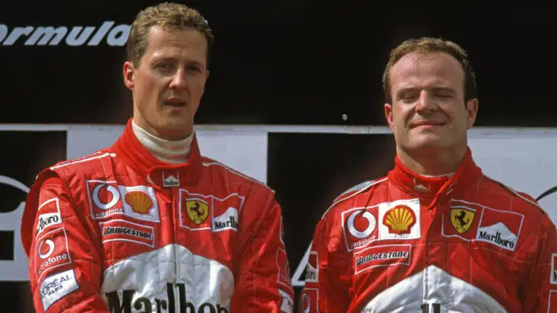 Michael Schumacher and Rubens Barrichello (both Ferrari) on the podium after the 2002 Austrian Grand Prix