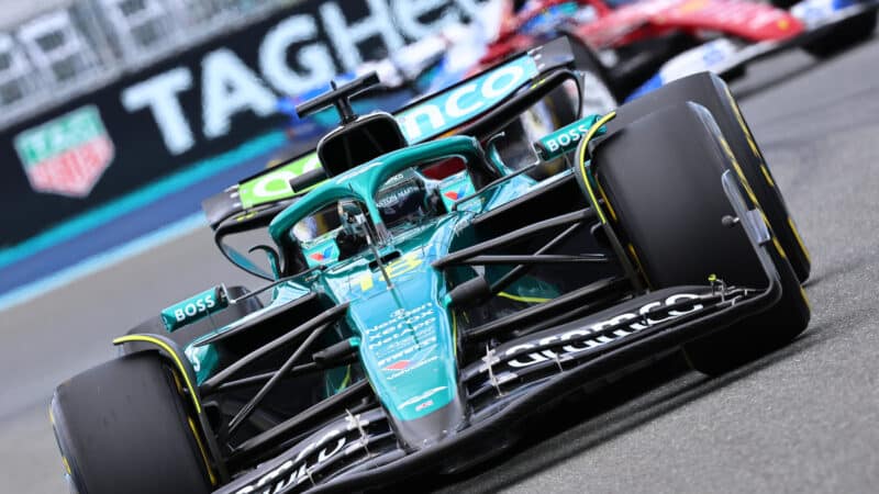 Lance Stroll (Aston Martin-Mercedes) in front of Charles Leclerc (Ferrari) during practice for the 2025 Miami Grand Prix