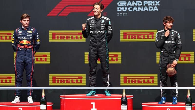 George Russell, Max Verstappen and Kimi Antonelli