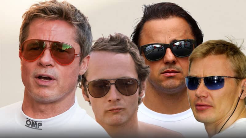 Brad Pitt as Sonny Hayes alongside Niki Lauda with Felipe Massa and Mika Hakkinen