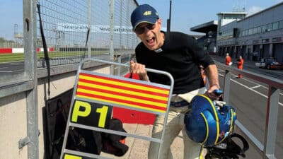 Pole – one of a few – for Nigel Greensall at this year’s Donington Historic Festival