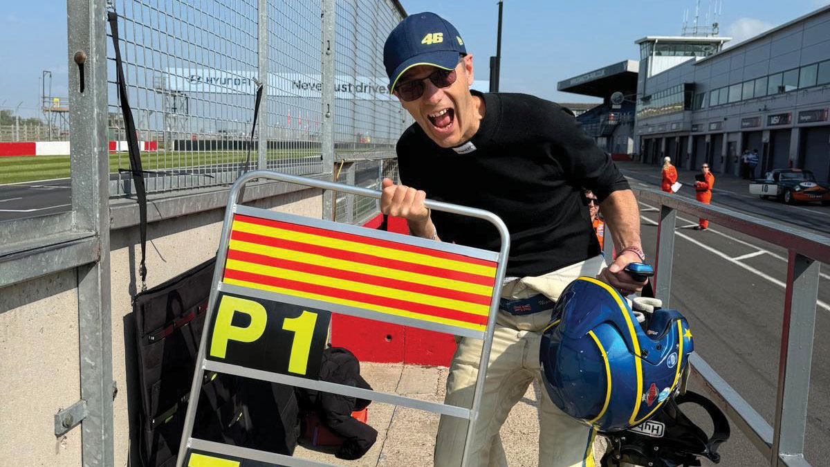 Pole – one of a few – for Nigel Greensall at this year’s Donington Historic Festival