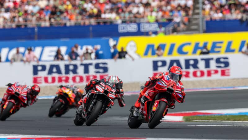 Marc Marquez followed by Marco Bezzecchi in the 2025 MotoGP Assen TT