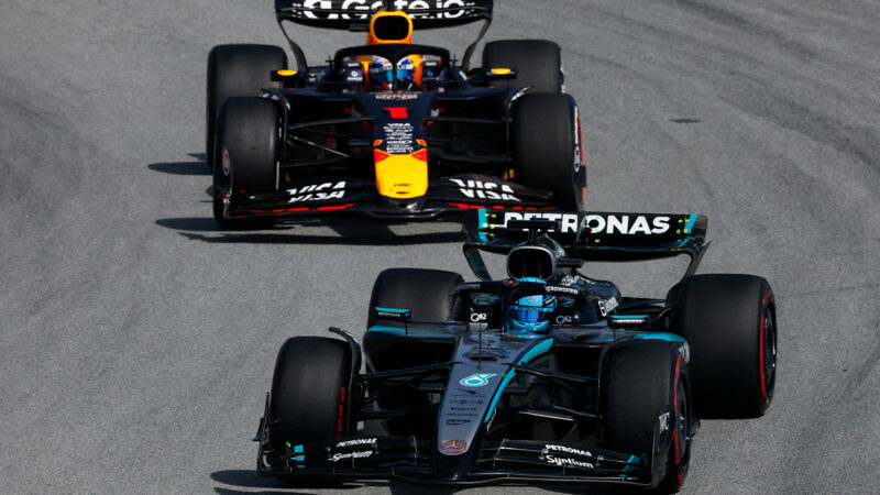 Max Verstappen behind George Russell in 2025 F1 Spanish Grand Prix