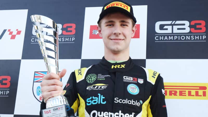 McKenzy Cresswell with GB3 trophy after winning 2024 Brands Hatch round