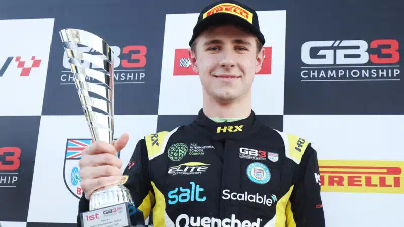 McKenzy Cresswell with GB3 trophy after winning 2024 Brands Hatch round