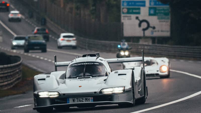 Porsche 963 RSP ahead of Count Rossi Porsche 917 on Mulsanne Straight at Le Mans