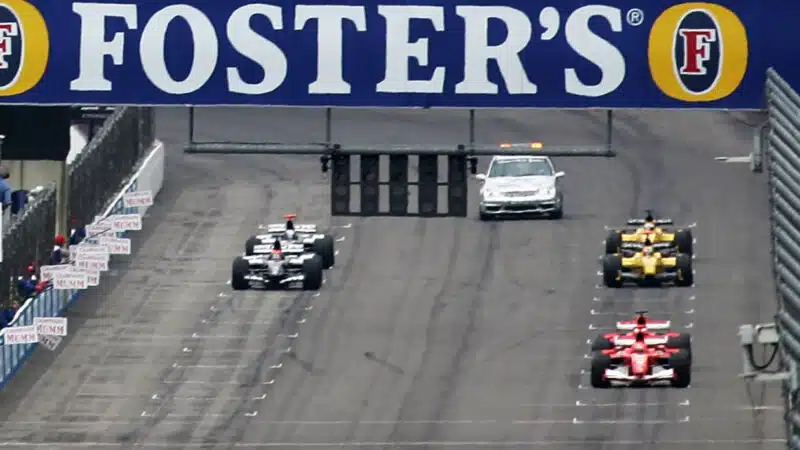 Six F1 cars on the grid at the 2005 United States Grand Prix