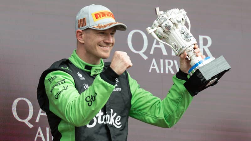 Nico Hulkenberg (Sauber-Ferrari) with his Lego trophy after the 2025 British Grand Prix