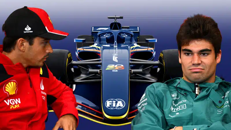 Charles Leclerc and Lance Stroll either side of 2026 F1 car