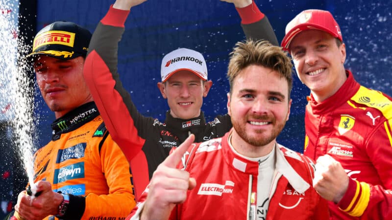 Composite image of Lando Norris with Elfyn Evans and James Calado and Oliver Rowland