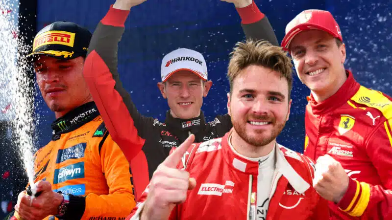 Composite image of Lando Norris with Elfyn Evans and James Calado and Oliver Rowland