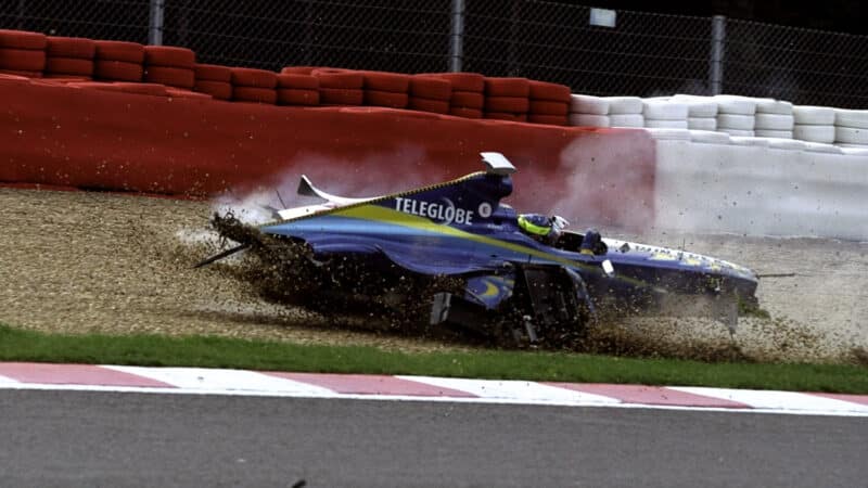 Ricardo Zonta crashes his British American Racing car during the Belgian Formula One Grand Prix