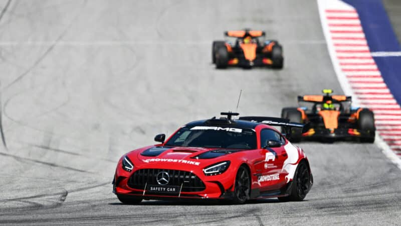 A safety car drives ahead at the start of the Formula One Austrian Grand Prix