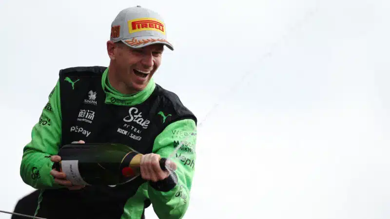 Nico Hülkenberg on the podium at the British GP