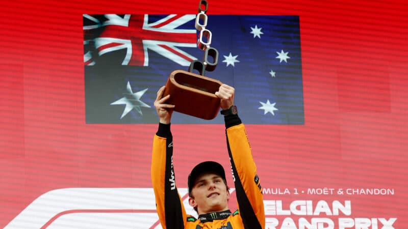 Oscar Piastri celebrates at the Belgian GP