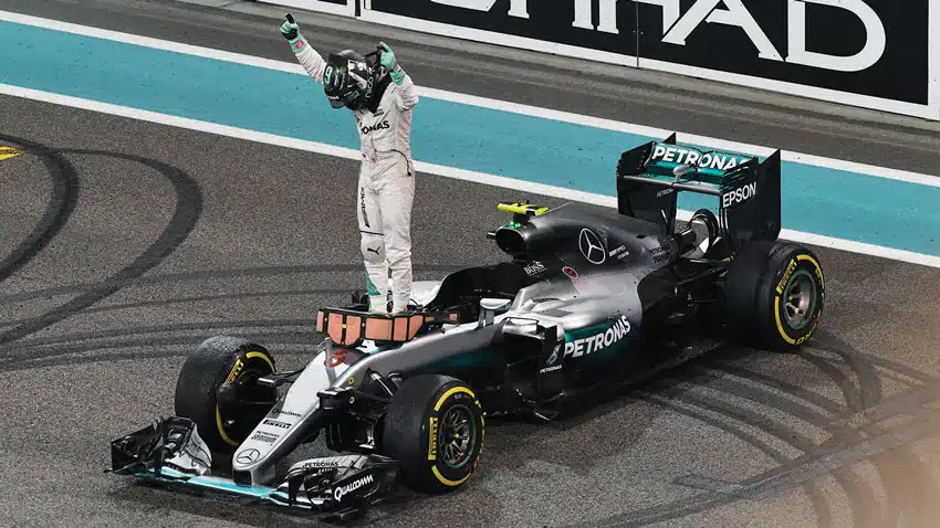 Lewis Hamilton stands on Mercedes