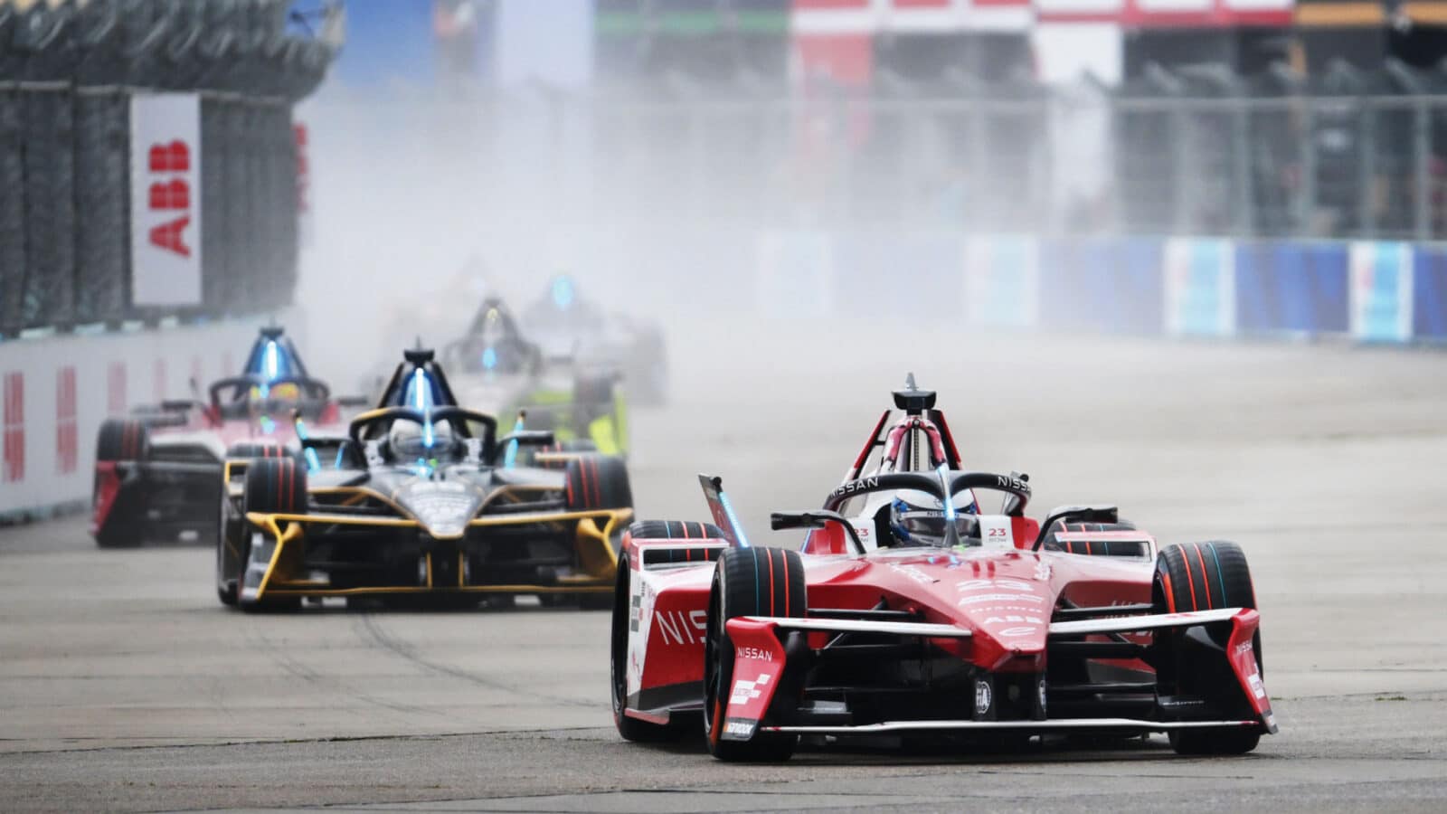 Nissan’s Oliver Rowland in the rain on the Saturday at the Berlin ePrix
