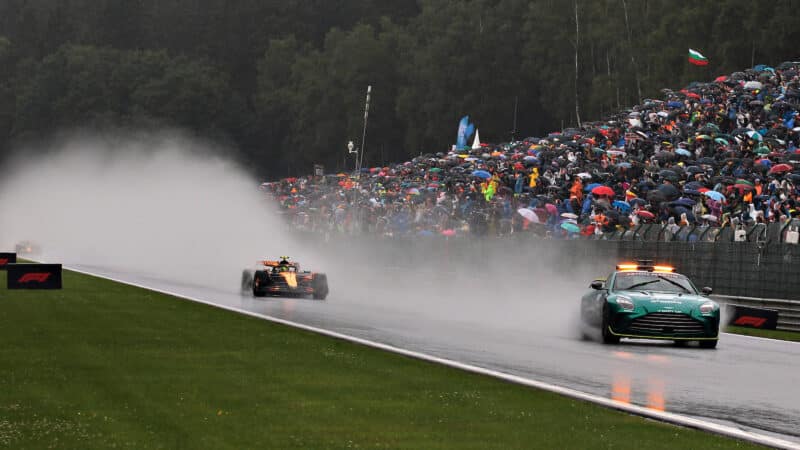 Safety car leads Lando Norris in 2025 F1 Belgian Grand Prix