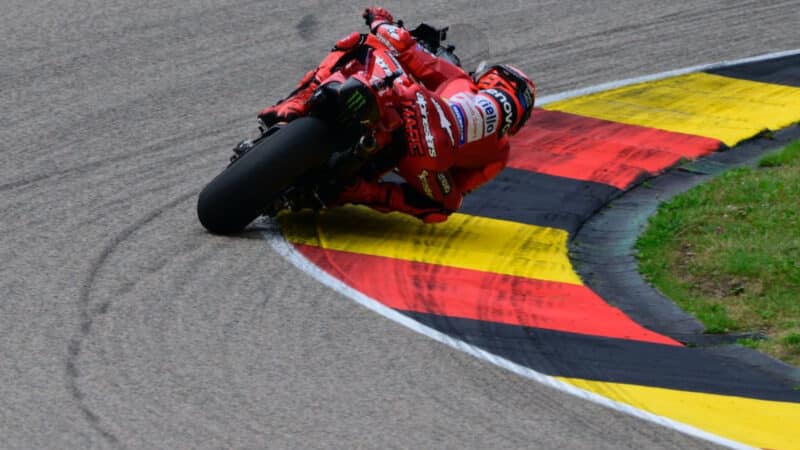 The 'Morse Code' rear tyre mark shows Marquez's rear tyre chattering into Turn 4 during Sunday's German GP