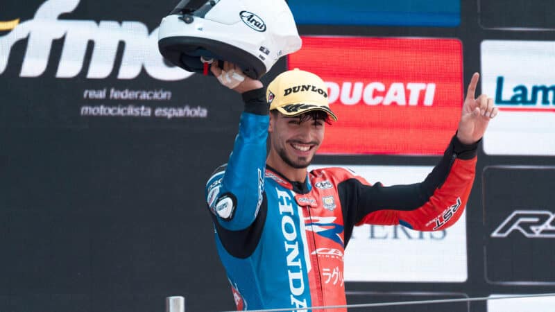 Borja Gomez celebrates victory in Spanish Superbike race at Barcelona in 2025