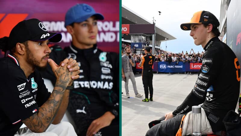 Lewis Hamilton and Lando Norris sit straight-faced after being beaten by their F1 team-mates