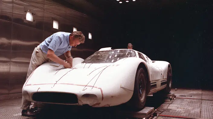 Phil Remington in the Ford wind tunnel testing the bodywork modifications he’d made a few days earlier to the J-Car. When the new bodywork was finalised, the car was renamed the Mark IV and won Sebring and Le Mans in its only two competitive outings
