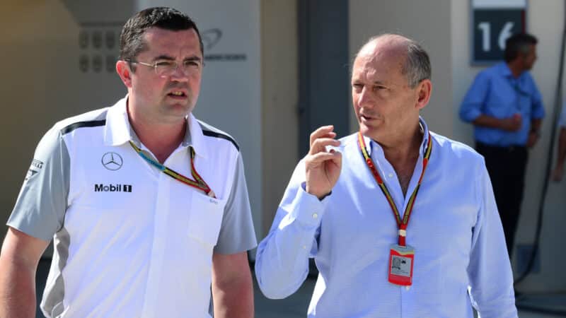 McLaren-Mercedes team principals Eric Boullier and Ron Dennis before the 2014 Bahrain Grand Prix