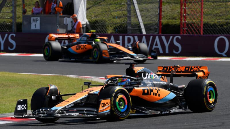 Oscar Piastri leading McLaren-Mercedes team-mate Lando Norris during the 2023 Hungarian Grand Prix