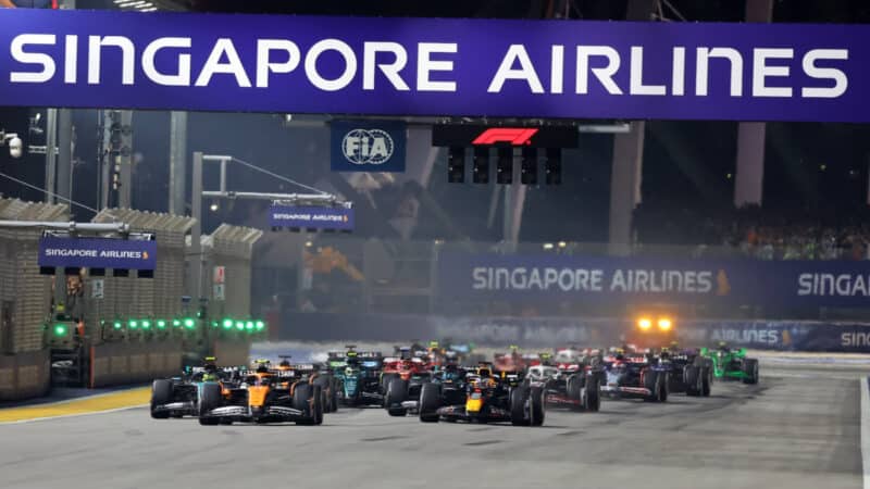 Lando Norris (McLaren-Mercedes) leads the field at the start of the 2024 Singapore Grand Prix
