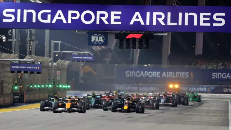 Lando Norris (McLaren-Mercedes) leads the field at the start of the 2024 Singapore Grand Prix