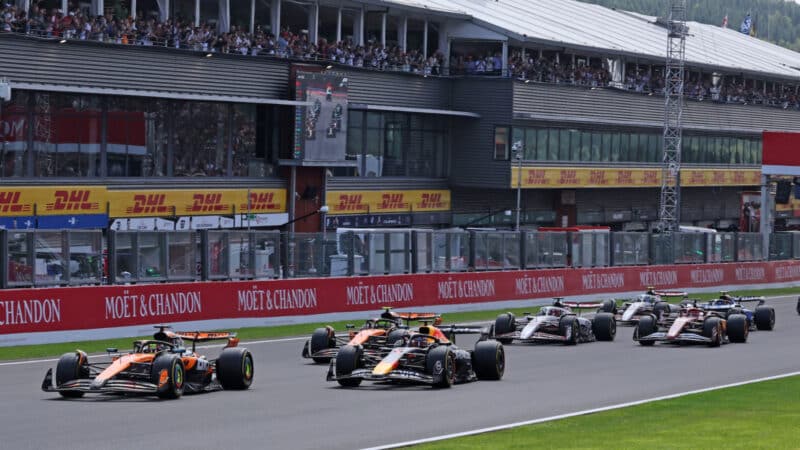Oscar Piastri (McLaren-Mercedes) leads the field at the start of of the sprint race before the 2025 Belgian Grand Prix