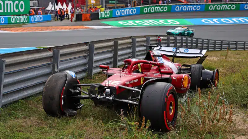 Charles Leclerc's crashed Ferrari in the 2025 Dutch Grand Prix