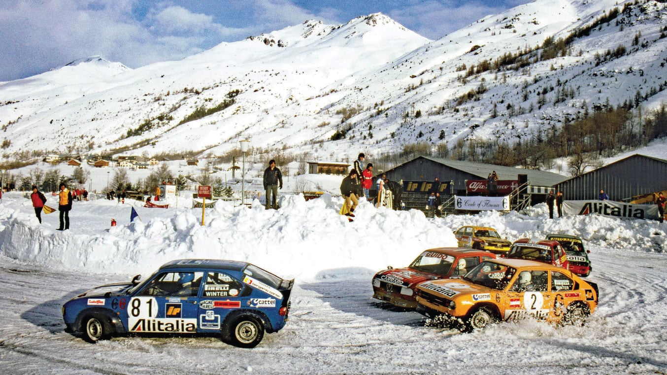 Alfasuds slither through the first corner at the Serre Chevalier ice-racing track in the French Alps