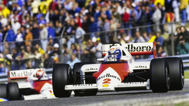 Alain Prost, McLaren MP4-2B TAG, leads Niki Lauda, McLaren MP4-2B TAG during the Dutch GP