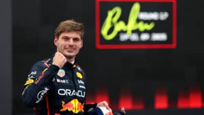 Race winner Max Verstappen celebrates at the Azerbaijan GP